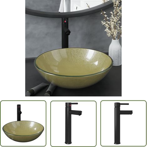 The Living Store Lavabo de bain avec robinet et drain à poussoir Verre trempé - Lavabo Salle De Bain - Lavabo Design - Lavabo Rond - Lavabo Verre Trempé - Mitigeur Lavabo (1/5)