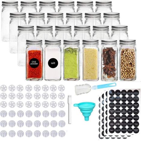 MINKUROW 24er-Pack Gewürzdosen – Gewürzdosen, quadratische Gläser, 120 ml Fassungsvermögen, 10,5 x 4,3 cm luftdichte Kappe, Tafel und durchsichtiges Etikett, Shaker-Deckel und breiter Trichter. (1/5)