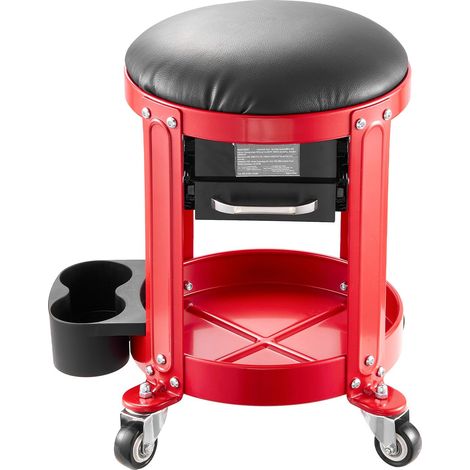 Chariot de mécanicien sur roulettes, siège de garage rembourré, capacité 300 lbs, plateau à outils et 2 tiroirs, hauteur fixe, rouge et noir. (1/5)