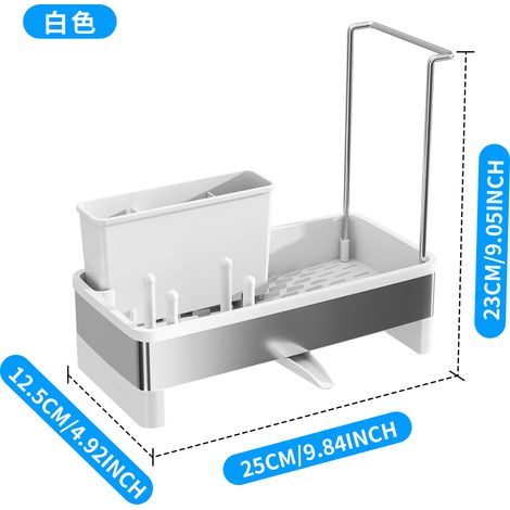 Organisateur d'évier pour la Cuisine, Eponge Evier Cuisine, Organisateur d'évier, vidange automatique, avec porte-serviettes, avec Support pour Brosse (Blanc) (1/5)