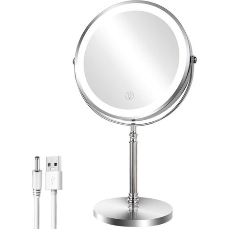 Specchio da trucco ingranditore da 8 pollici con luce - 1X/10x Rotazione a 360° - Specchio per il trucco con luce ricaricabile - 3 luci colorate - Specchio da trucco illuminato (1/4)