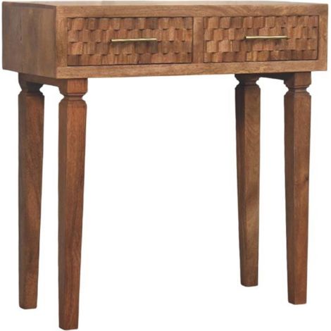 Table console Arno en bois massif teck doré, 2 tiroirs, Brun