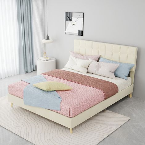 Lit double 140x200 moderne tissu beige tête capitonnée souple carreaux, lit pour chambre parentale petite et chambre amis (sans Matelas) (1/5)