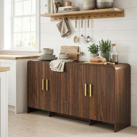 Credenza da cucina, mobile contenitore con 4 ante a chiusura ammortizzata, 4 scomparti e bordi arrotondati, 152x40x80 cm, noce