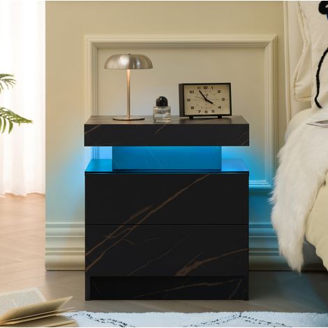 Table de chevet LED noire et dorée en bois d’ingénierie avec 2 tiroirs et rangement (1/5)