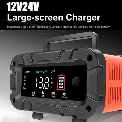 E-FAST Chargeurs de batterie de voiture 12 V/24 V Dispositif de charge de réparation d'impulsion intelligent Mainteneur de maintien automobile avec affichage numérique LCD pour camion moto plomb-acide (1/5)