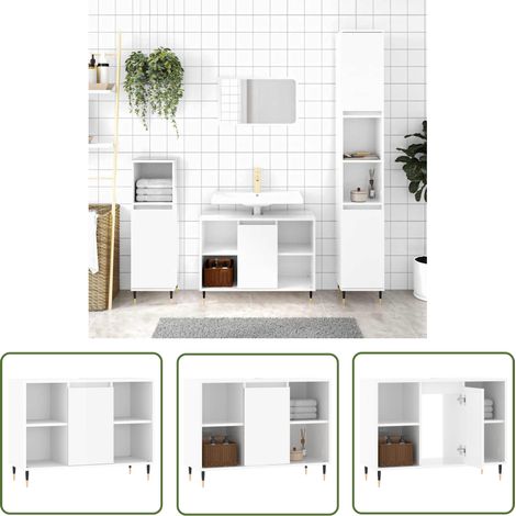 The Living Store Armoire de salle de bain blanc brillant 80x33x60 cm - Meuble De Salle De Bain - Armoire De Salle De Bain - Rangement Salle De Bain - Commode Salle De Bain - Mobilier Salle De Bain (1/5)