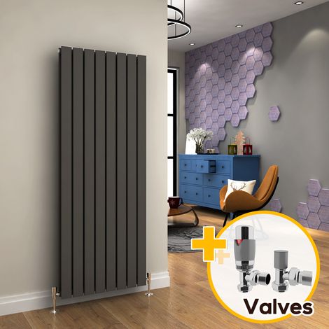ELEGANT Vertical Designer Radiator Anthracite Double Flat Panel Column Tall Upright Central Heating Radiators (1600x608mm Double) + Chrome Thermostatic Radiator Valves (1/5)