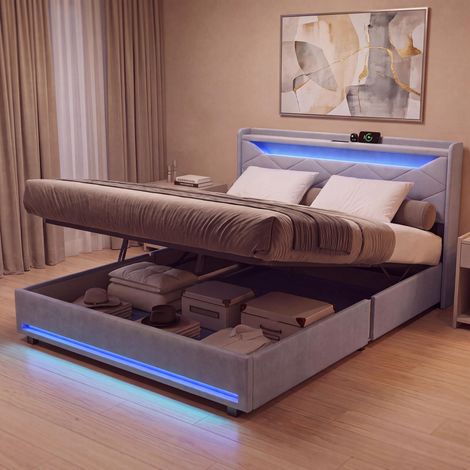 Cama con canapé abatible 160x200 cm, cama de matrimonio con iluminación LED RGB y carga USB, cabecero acolchado y somier elevable hidráulico en tejido de lino, gris (1/5)