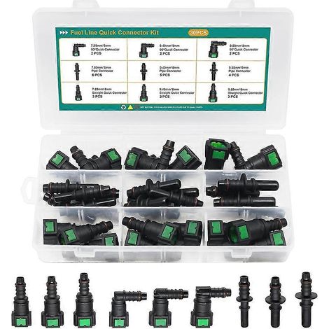 Kit de réparation de conduites de carburant (30 raccords rapides), connecteurs de tuyau SAE 7,89 mm, 9,49 mm et 9,89 mm vers diamètre intérieur 8 mm. (1/5)