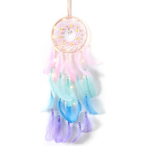 Attrape-rêves avec plumes colorées et lumineuses, tissé à la main, décoration murale rose pour la maison ou la chambre. (1/5)