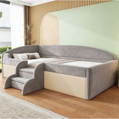 MODFU – Lit enfant 90x190 cm velours gris – Marches antidérapantes et barrières – Sommier à lattes – Charge 200 kg – Gris (1/5)