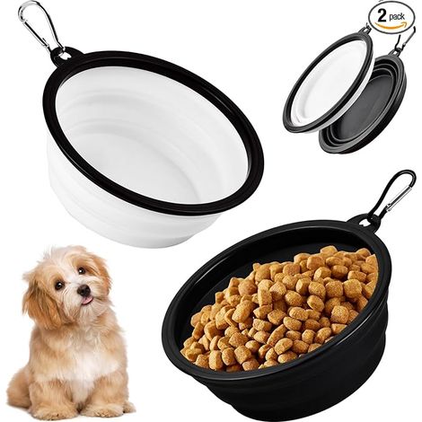 Foldable Dog Bowl 650 ml Retractable Water Bowl Dog Travel Bowl Portable with Carabiner for Hiking, Camping (Black and White) (1/5)