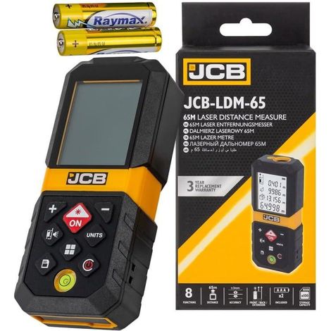 Telemetro laser Digitale LCD JCB 65m, Misura accurata fino a 65m, Precisione ±3mm, Display retroilluminato, Memoria di 30 misure, Ideale per l'edilizia e il fai da te.