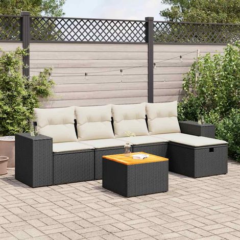 Ensemble Jardin 6 Places Noir Résine Tressée avec Coussins Crème - Salon Extérieur Modulaire avec Table Acacia et Rangements (1/5)