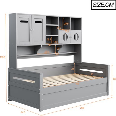 Canapé-lit en bois 90x200 cm, sommier hydraulique avec rangement intégré, lit une place pour ado, cadre de lit gris (matelas non inclus) (1/5)