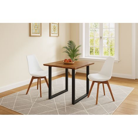 Essgruppe Baumkante massiv 90 x 90 cm Akazie nussbaumfarben U-Gestell schwarz & 2 Stühle weiß QUINN (1/5)