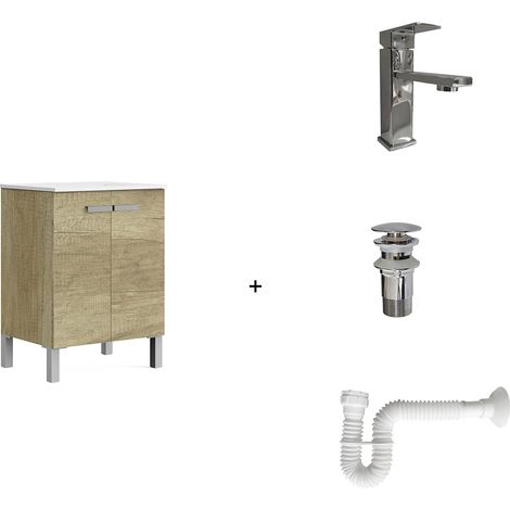 Pack solution complète comprenant : meuble de salle de bain, lavabo en céramique, robinet, siphon extensible et vanne de vidange. Meuble assemblé. Livraison tout-en-un. Sans miroir 60 cm Nature (1/5)