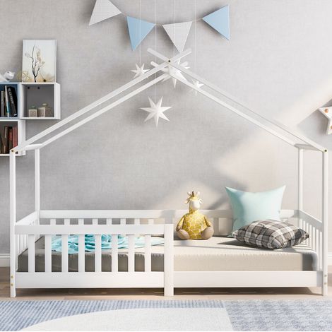 Bett Hausbett 90x200 Stauraum Zaun Weiss Holz HAVRYA (1/5)
