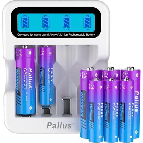 Piles AA et AAA Rechargeables, 4 Piles AA au Lithium de 3500 mWh et 4 Piles AAA au Lithium de 1100 mWh avec Chargeur Rapide de 2 Heures, Jusqu'à 1600 Cycles (1/5)