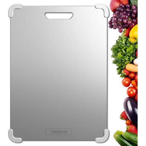 Planche à Découper 100% Titane pur Qualité Alimentaire, Surface non Poreuse Hygiénique sans Microplastique, Lavable en Lave-vaisselle pour Viande Légumes Fruits Cuisine Camping 29x20x0.2cm, 540g (1/5)