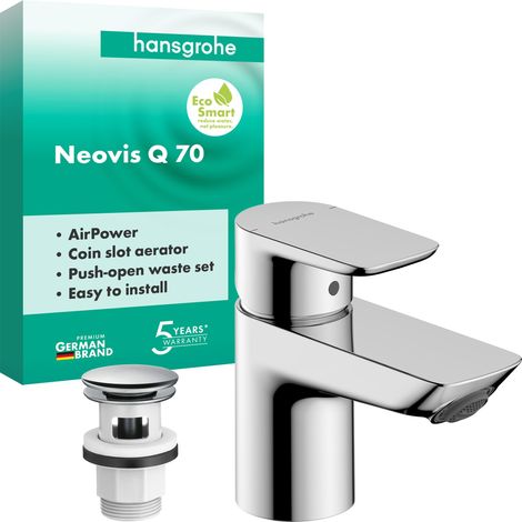 Mitigeur de lavabo avec bonde push-open, robinet de salle de bain avec bec hauteur 63 mm, mitigeur lavabo économe en eau, chrome, 71346000 (1/5)