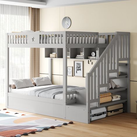 Lit 140x200 cm en bois gris avec treuil hydraulique, tiroirs et étagères, sans matelas (1/5)
