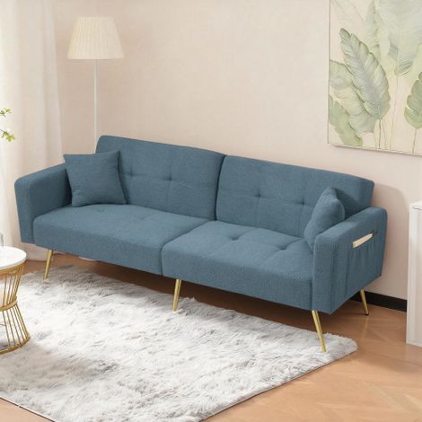 Sofá cama de tela sherpa azul antiguo con respaldo regulable, patas doradas, cojines y bolsillos (1/5)