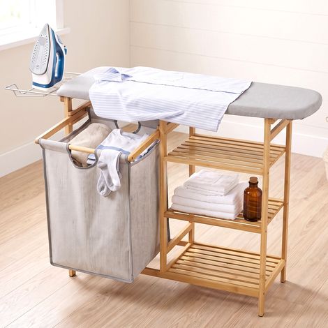 Panier à linge sale 57,4L avec planche à repasser Support pour planche à repasser 3 étagères et sac amovible 113x34x82 cm Naturel (1/5)