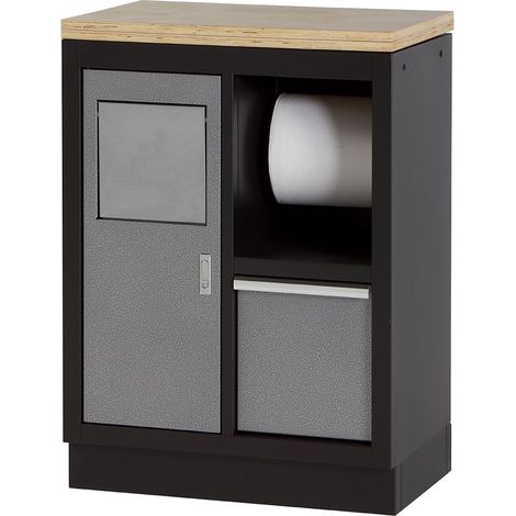 Armario base multifunción con portón, soporte para cubo y rollo y encimera de madera ALYCO