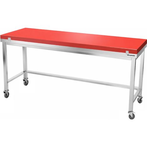 Table de travail en inox 1800x600 mm avec plaque de découpe rouge et renfort sur roulettes PREMIUM - GOLDINOX (1/4)
