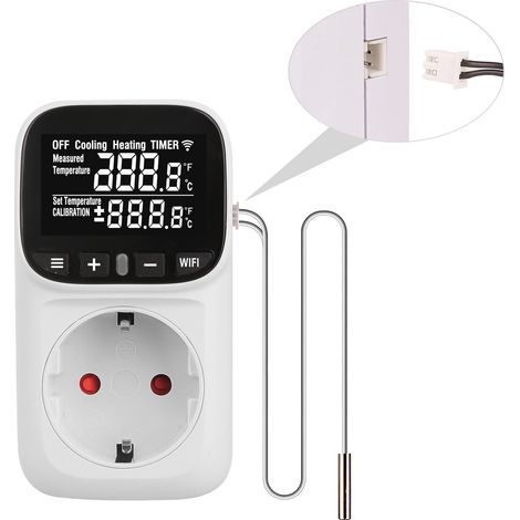 Prise Contrôleur de Température WiFi Type F - Sonde Externe, Écran LCD Rétroéclairé, 230V 16A