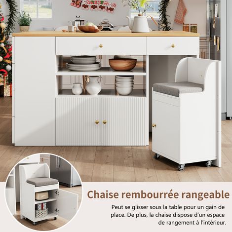 Îlot de cuisine, étagère avec des pieds de soutien, armoire à couteaux avec 6 tiroirs et des pieds de soutien. La largeur peut être ajustée : 140×40 (70)×89 cm. Couleur : blanc/noir. (1/5)