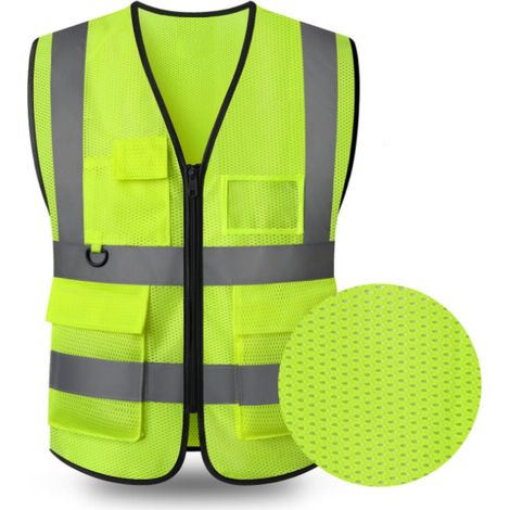 Gilet de Sécurité Jaune Fluorescent Réfléchissant avec Poches, Sans Manches pour Course de Nuit de Vélo, Taille Unique