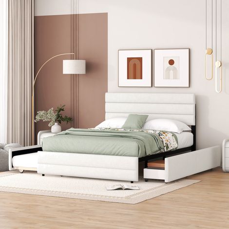Cama con cama nido tapizada en lino beige 140x200 cm con 2 cajones