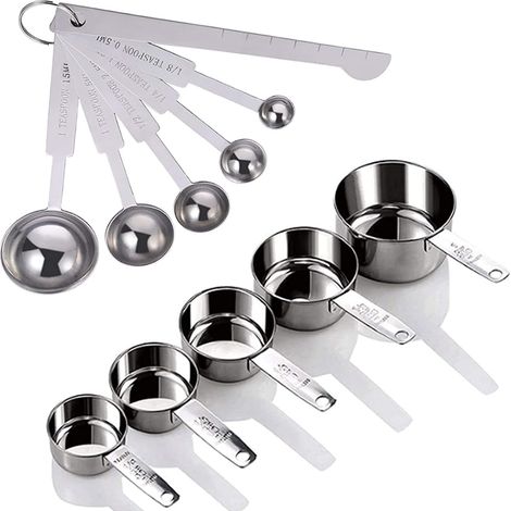 HOEXIUO 5 Cucharas Medidoras y Tazas Medidoras, 430 Acero Inoxidable, Plata, Adecuado para Hornear, Ingredientes Secos y Líquidos (1/5)