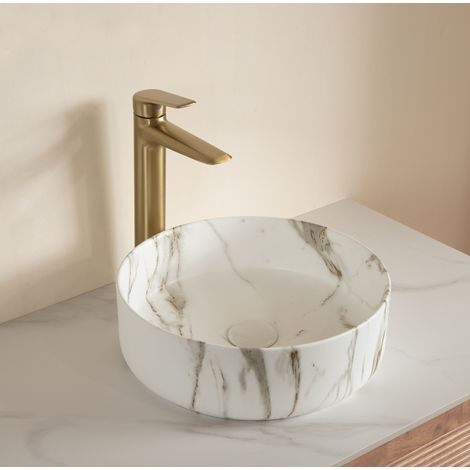 Vasque à poser ronde moderne en céramique blanche effet pierre (1/5)