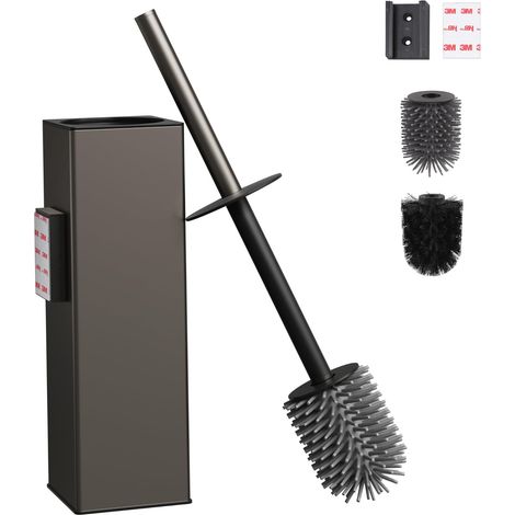 Brosse WC murale grise - Support de brosse WC sans perçage - En métal - Avec 2 têtes de brosse - Brosse WC en silicone - Rectangulaire (1/5)