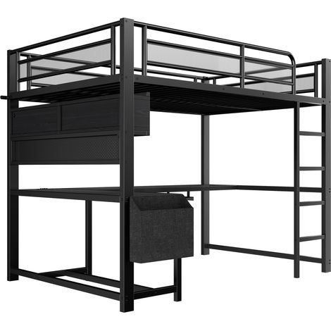 Gaming-Hochbett 140 x 200 cm mit Schreibtisch, Stauraum, LED und Ladestation, schwarz (1/5)