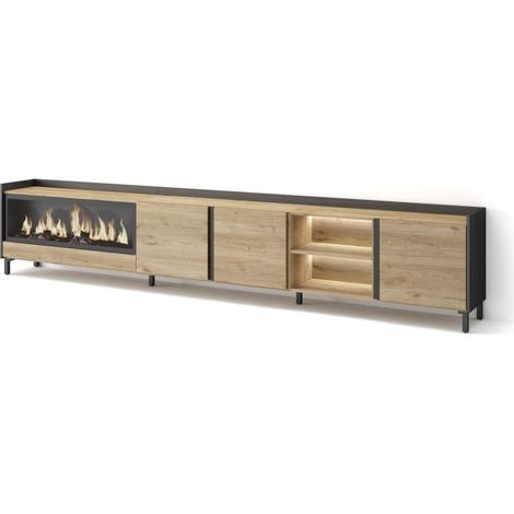Mueble TV Carratraca-02 de 315x61x35 cm con chimenea y luces LED, diseño industrial, color roble y negro (1/4)