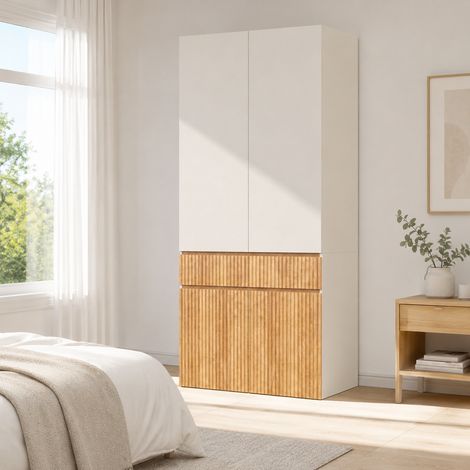 Armoire à portes battantes, 90 x 50 x 200 cm, avec 1 tringle, 1 tiroir et 4 portes, armoire haute moderne, pour chambre, entrée, chambre d'enfant ou bureau, chêne clair (1/5)