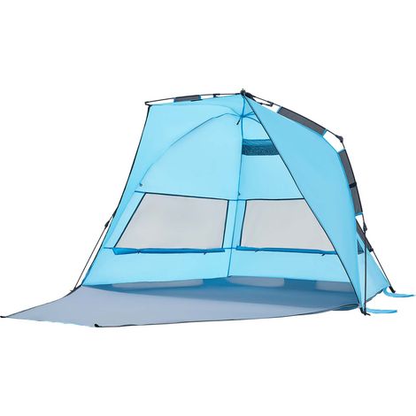 Mophorn Tente de plage pliable, abri pour 4 personnes adapté au camping, à la pêche et aux pique-niques, avec protection solaire UPF 50+, auvent léger sac de transport et de poches pour sable (1/5)