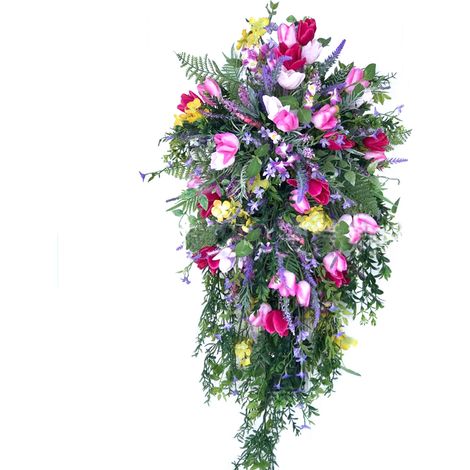 Couronne de fleurs artificielles avec lilas, jacinthes et hortensias pour printemps et été, décoration florale verte, grande taille