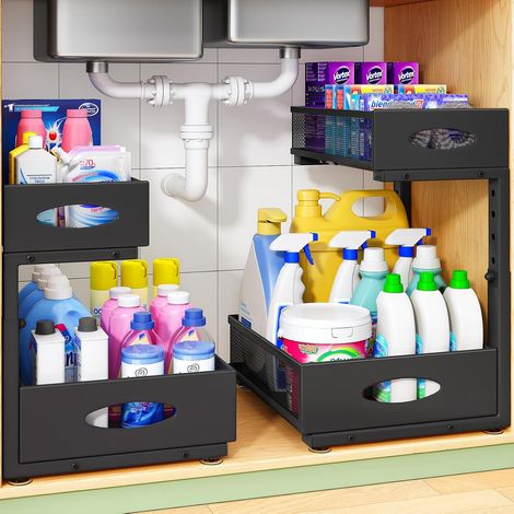 2 Tier Under Sink Organizer with Large Capacity Mesh Baskets, Adjustable Height L-Shaped Storage Shelf for Kitchen, Bathroom and Laundry Room, Black (1/5)