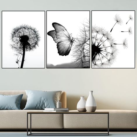 Set mit 3 Postern - Leinwanddruck - Schwarz-Weiß - Löwenzahn - Moderne Wanddekoration - Ungerahmt (B, 3 x 40 x 60 cm) (1/5)