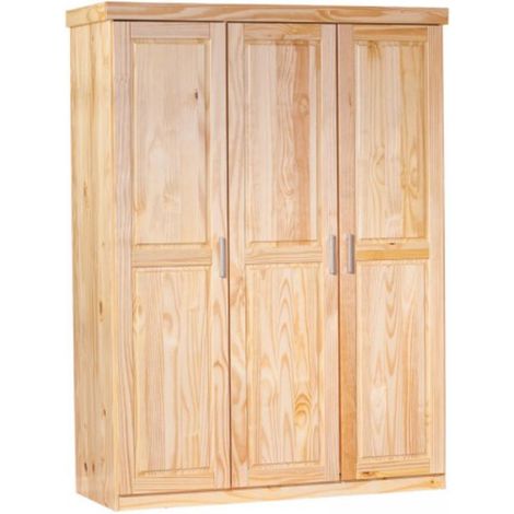 Pegane – Armoire 3 portes en pin massif naturel – Dimensions L140 x P55 x H190 cm – Aménagement intérieur spacieux pour vêtements (1/3)