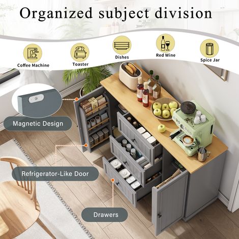Meuble moderne et élégant, avec 3 tiroirs. Les portes ressemblent à des armoires de réfrigération. C’est un meuble idéal pour les salles à manger, les salons et les entrées. Couleur grise. (1/5)