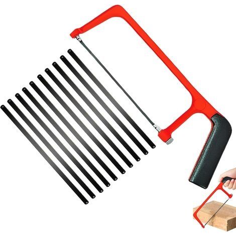 Small Hacksaw Kit with 10 Replaceable Blades, Mini Red Black Adjustable Angle Professional for Plastic, PVC Pipes, Shingles & Wood Cutting