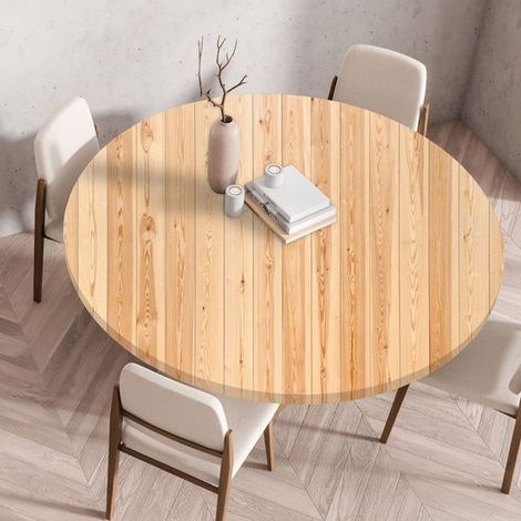 Runde Tischdecke mit Gummizug, gefaltet, 3D-gedruckt, waschbar, für drinnen und draußen, für Küche, Esszimmer, Picknicktische, 150 cm, helles Holz (1/5)