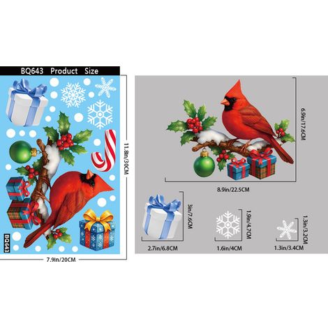Décoration de fenêtre de Noël, oiseau rouge mignon, décoration de porte et fenêtre vitrée pour chambre à coucher, autocollant de fenêtre à effet statique - BQ643 -